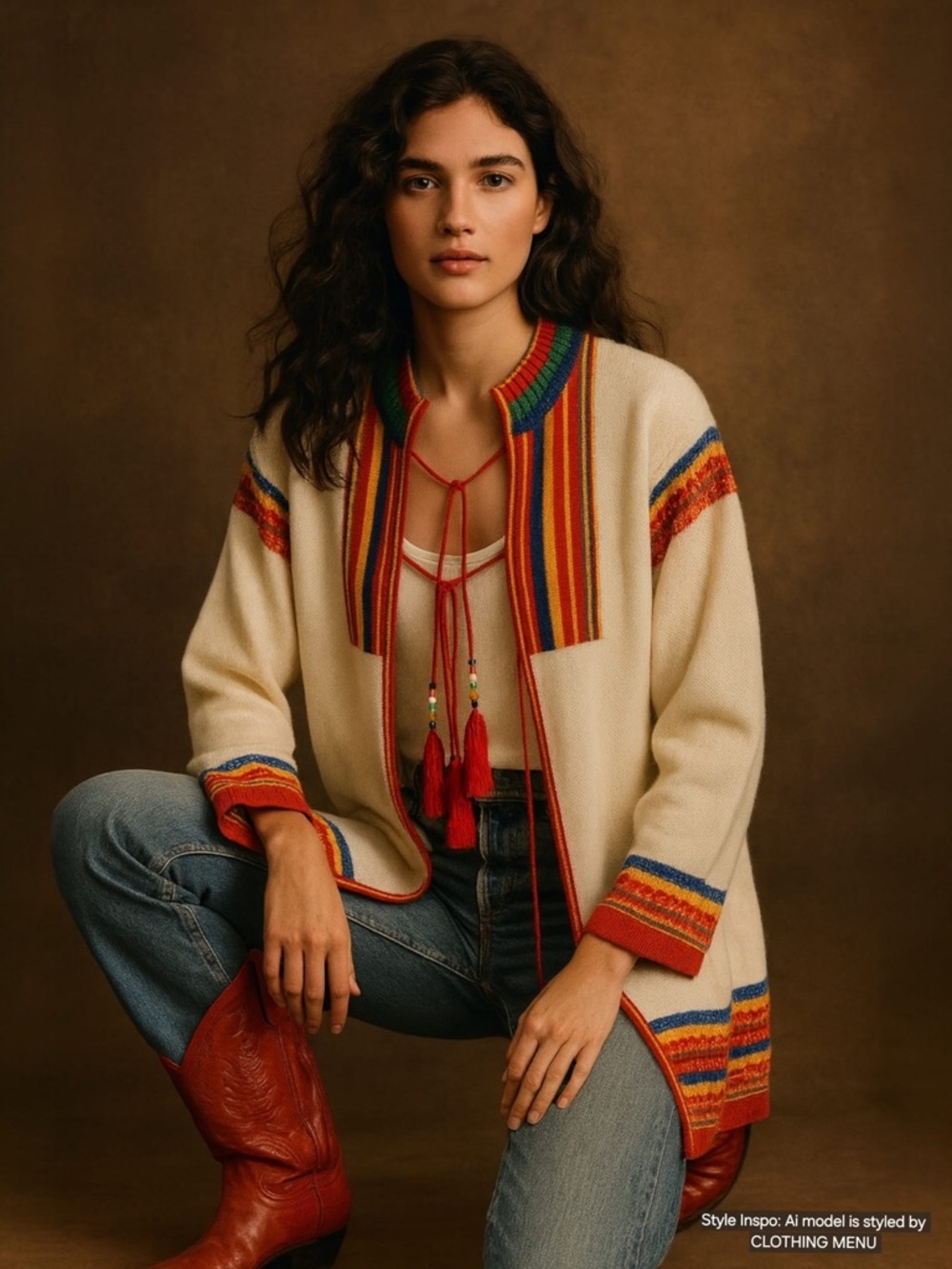 Rare Vintage Western Boho Knit Cardigan Tassel Sweater Jacket Festival Sz Small